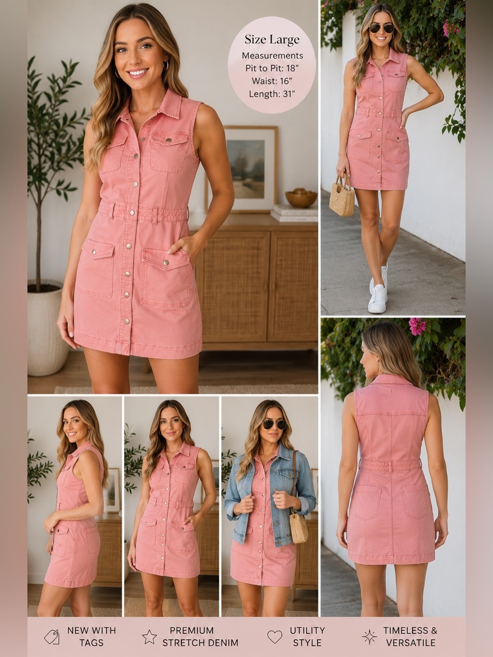 DL1961 NWT Pink Denim Utility Mini Dress Large Sleeveless Safari Button Front
